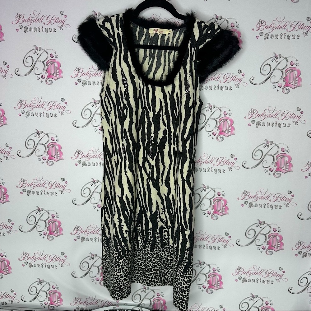 Aryeh Zebra Print Dress Fur Sleeves black cream white real fur trim bling studs